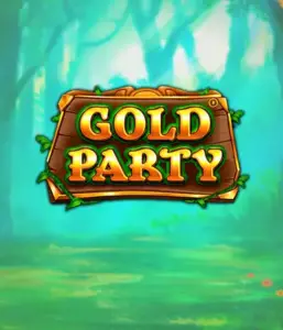 Изображение слота Gold Party от Pragmatic Play, демонстрирующий радостный и красочный мир ирландской тематики с золотыми монетами, лепреконами и радугой. На переднем плане виден игровой экран с 5 барабанами и 3 рядами, окруженный зелеными полями и золотыми горшками, формирующими атмосферу праздника и волшебства.